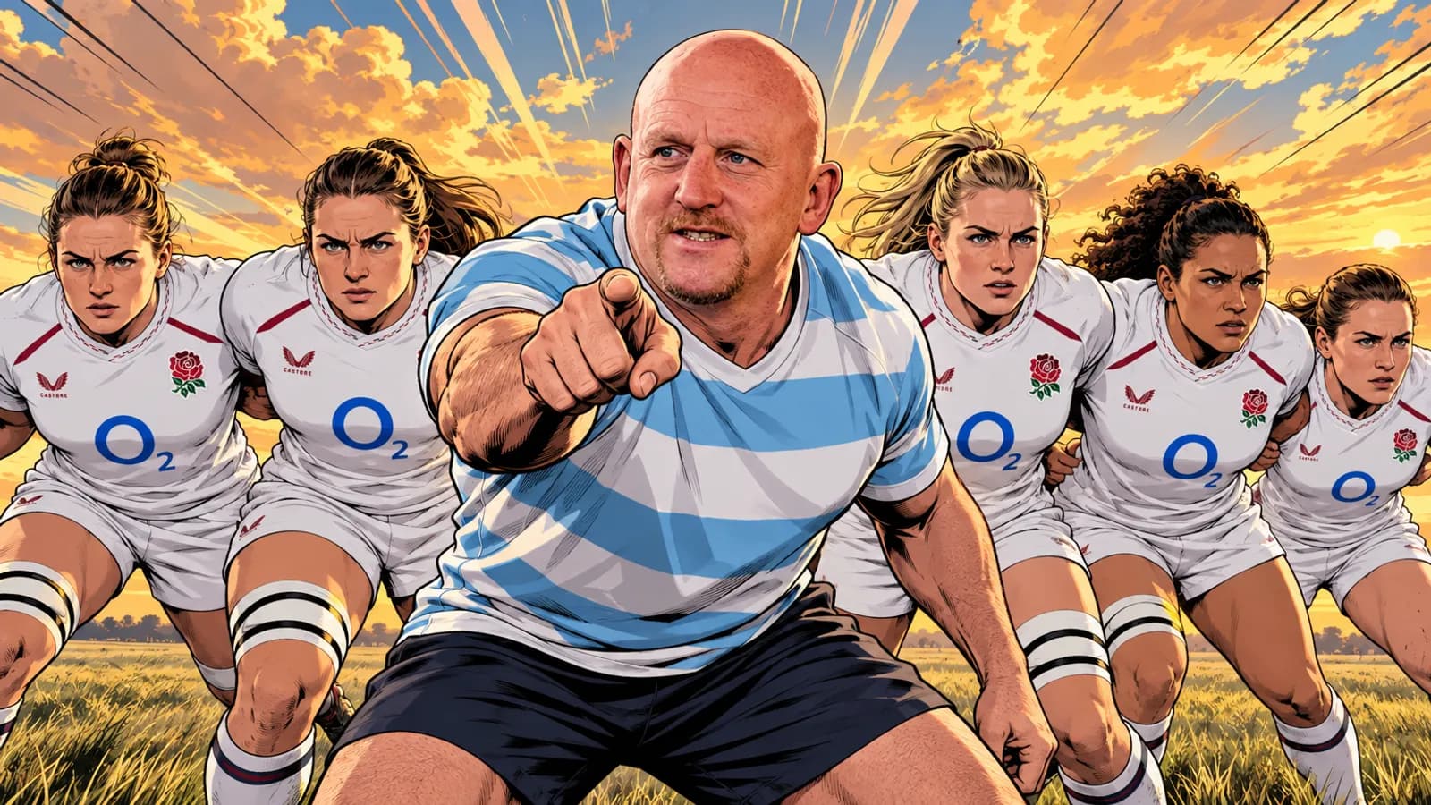 A comic-style rugby illustration of the Argentina home kit.