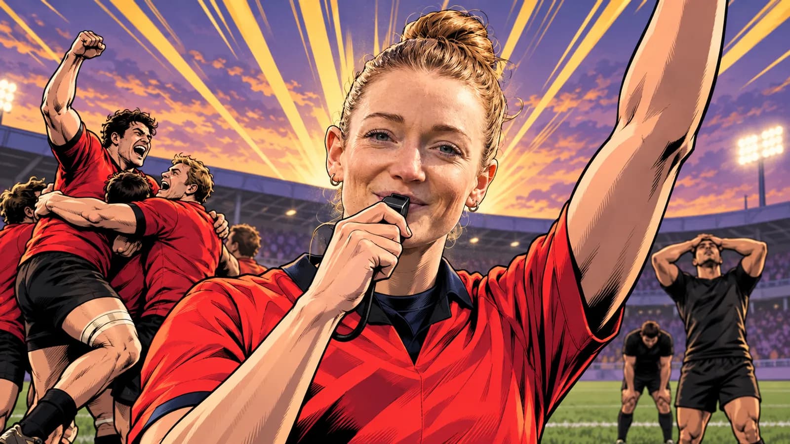 A referee blows a whistle with her arm raised as players in red celebrate and players in black slump in a floodlit stadium.