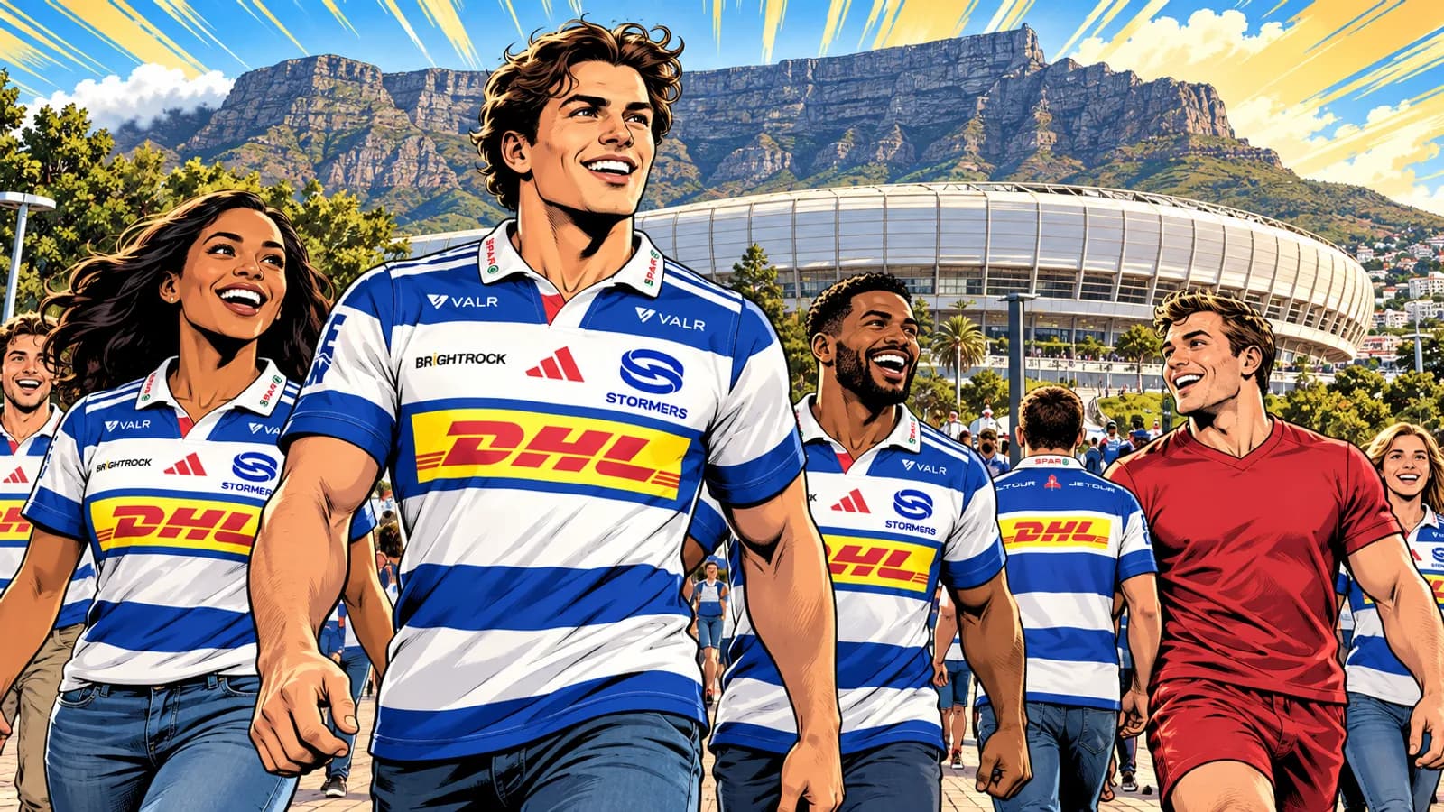 Smiling fans in blue and white Stormers jerseys walk outside DHL Stadium in Green Point, with a flat-topped mountain rising behind.