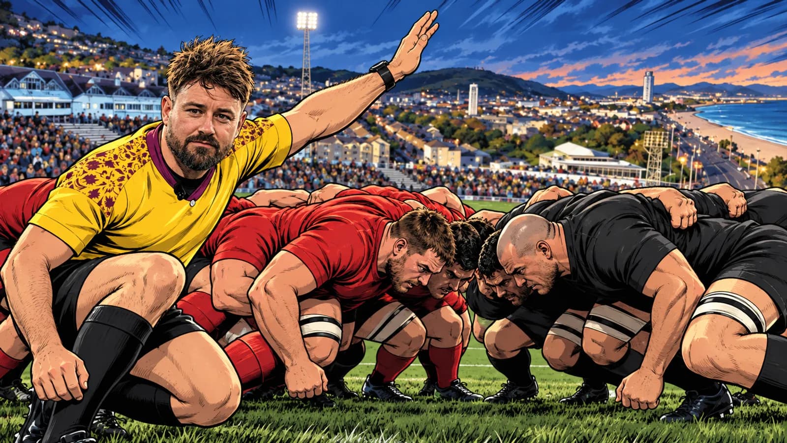 A bearded referee crouches with an arm raised beside a scrum of red and black players at St Helen's under evening floodlights.