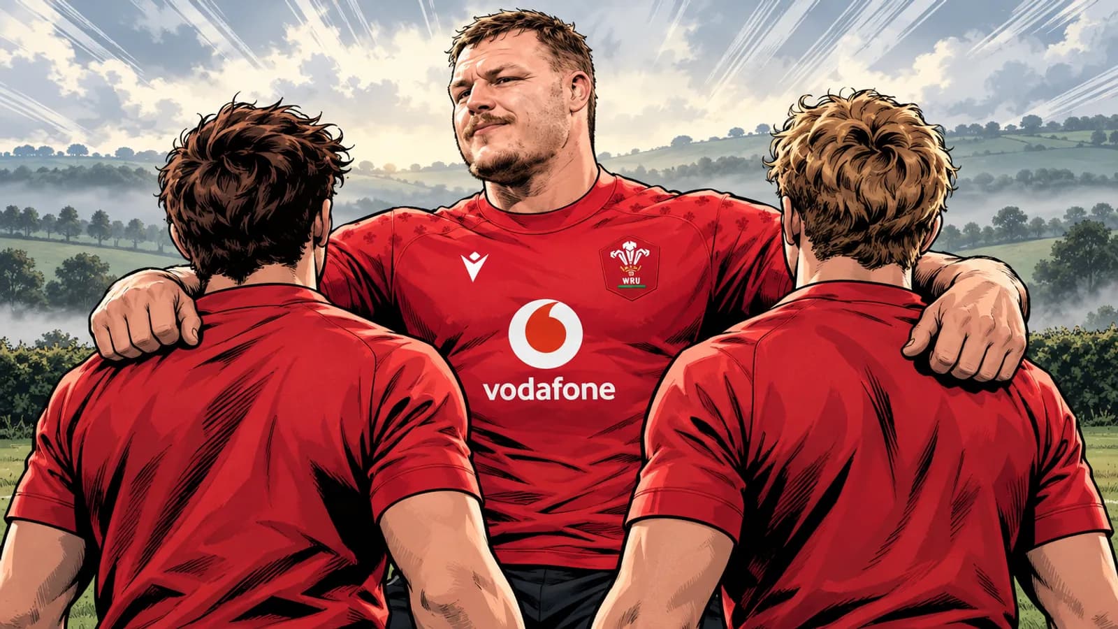 A confident player in a red Wales jersey puts his arms around a pair of teammates seen from behind before misty green countryside.