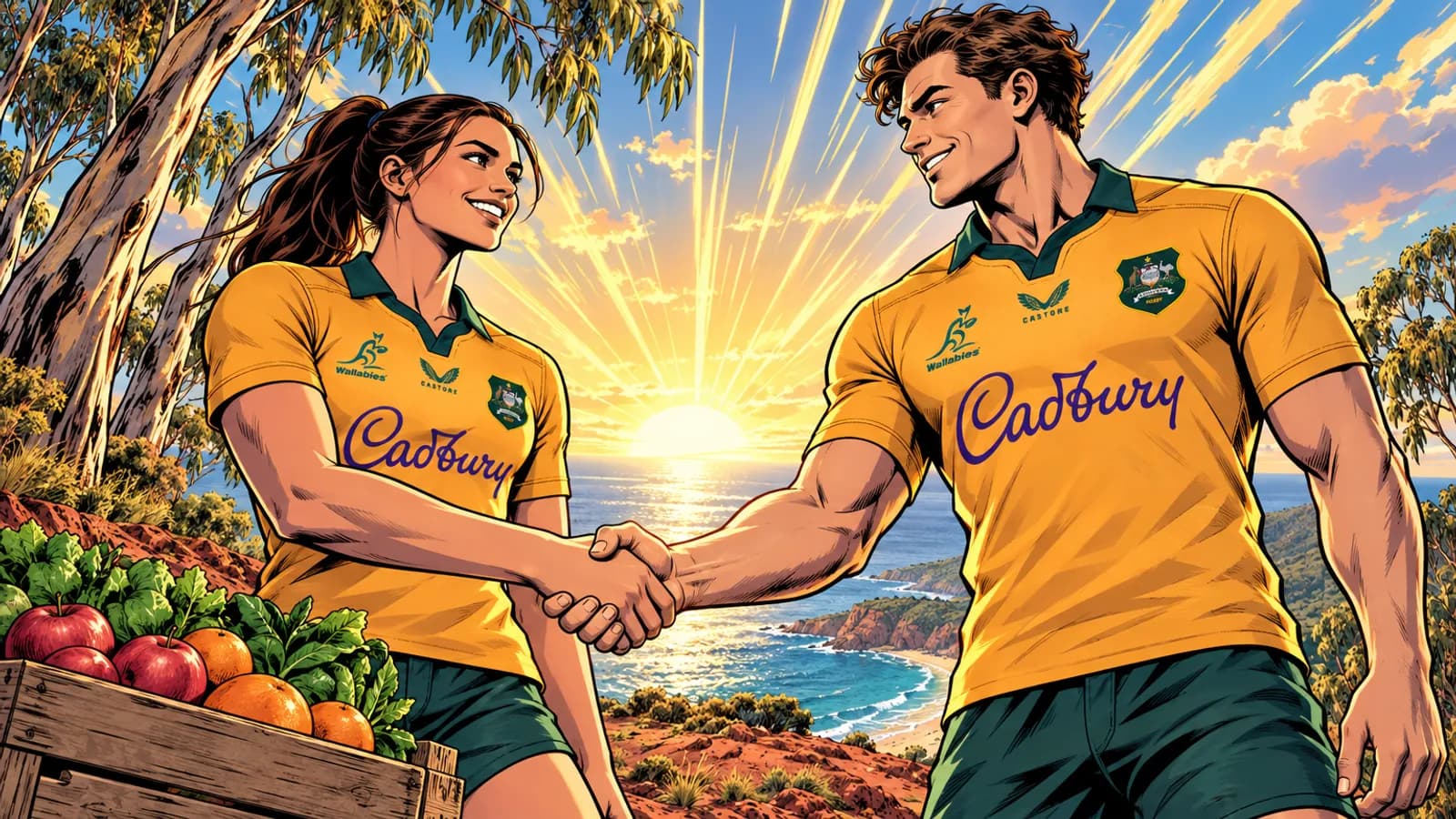 A woman and a man in Wallabies jerseys shake hands on a red-earth headland above the sea, beside a crate of fresh fruit.