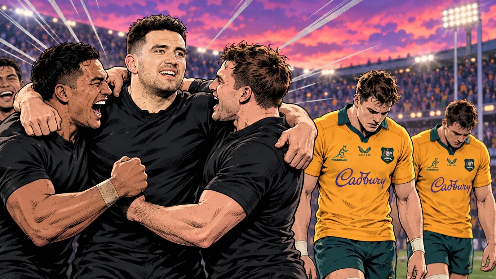 Players in black jerseys embrace and cheer while Wallabies players in gold walk away dejected inside a floodlit stadium under a dusk sky.