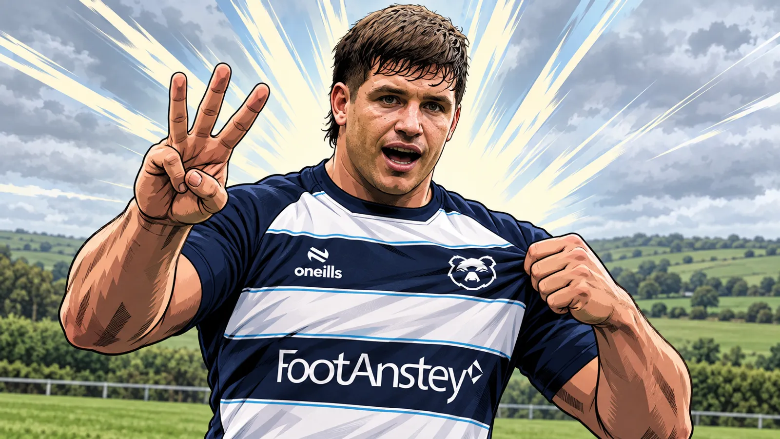 A comic-style rugby illustration of the Bristol Bears home kit.