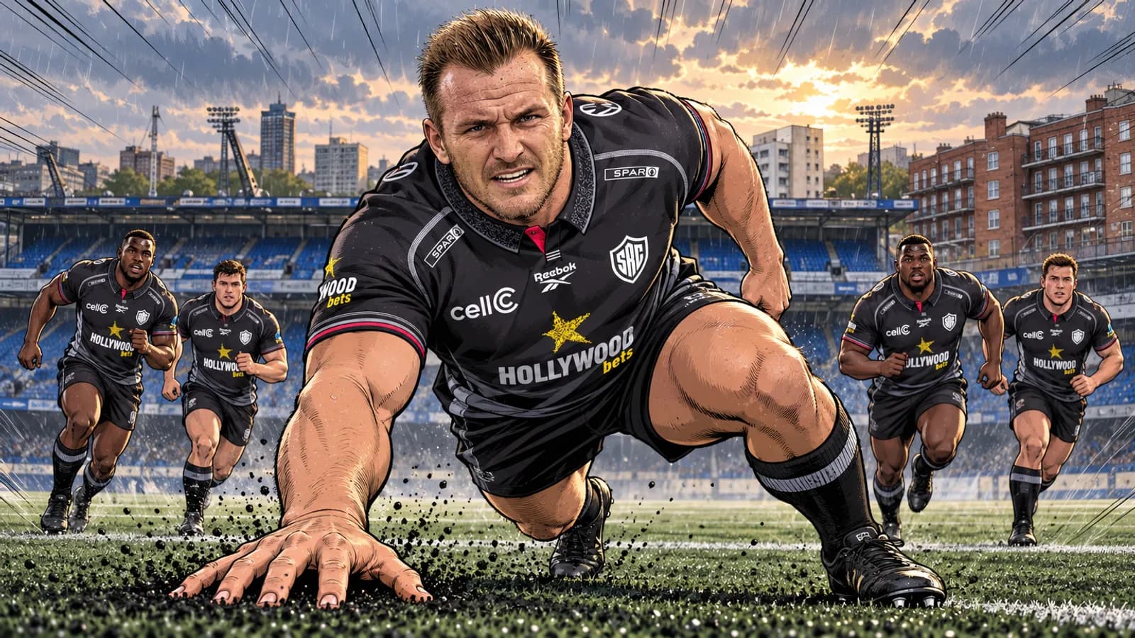 A Sharks player crouches low on an artificial pitch at Cardiff Arms Park as teammates in black kit run up behind him.