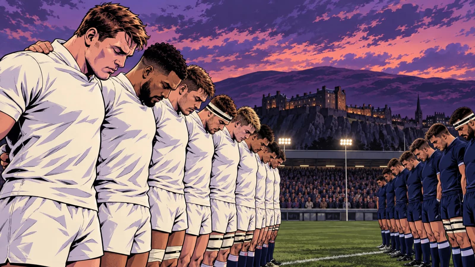 Two lines of players in white and navy kits bow their heads in a floodlit stadium, with a castle on a rock behind.