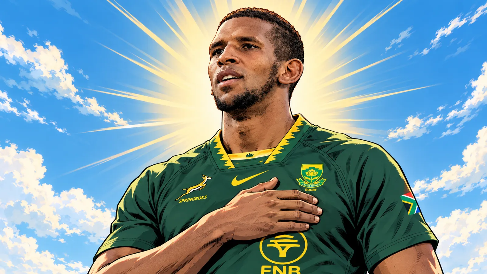 A comic-style rugby illustration of the Springboks home kit.