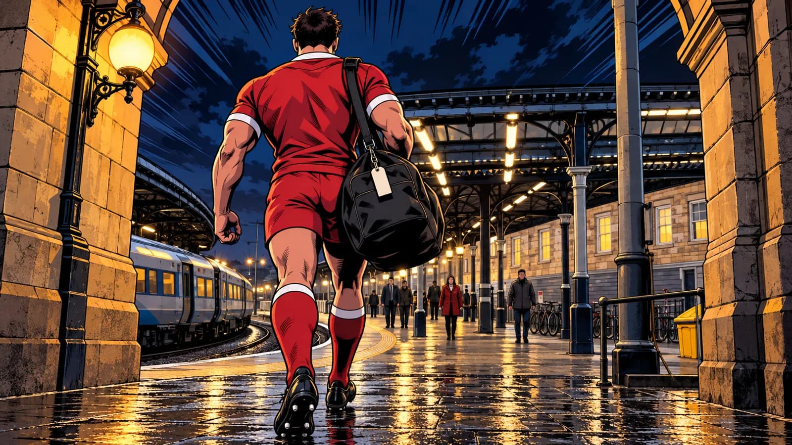A muscular player in red kit walks away along a wet platform at Newcastle Central Station at night, carrying a black holdall.