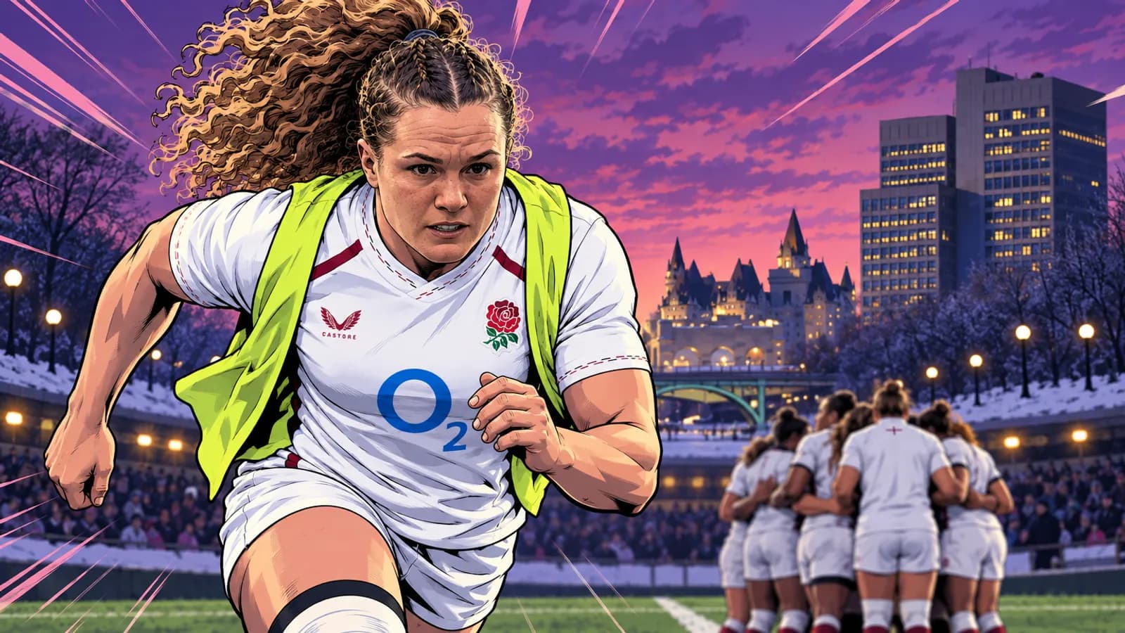 A curly-haired England player in a white jersey and yellow bib runs on a pitch while teammates huddle beneath an Ottawa skyline.