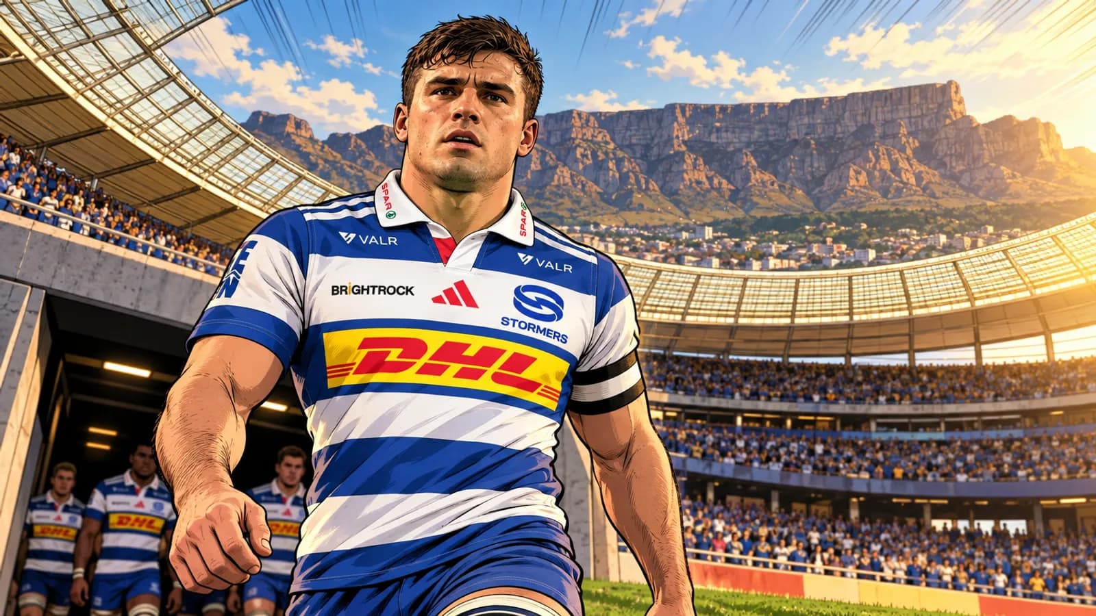 A Stormers player wearing a captain's armband walks out of the tunnel at DHL Stadium, with teammates.