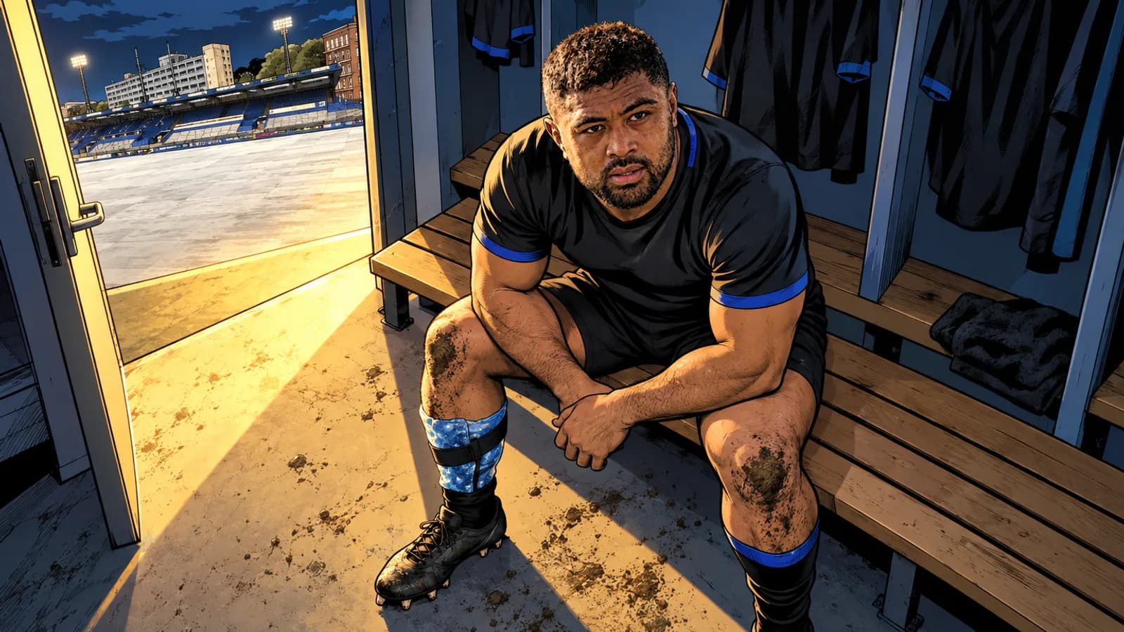 A bearded rugby player in a black kit sits muddied on a changing room bench, with Cardiff Arms Park visible through the doorway.