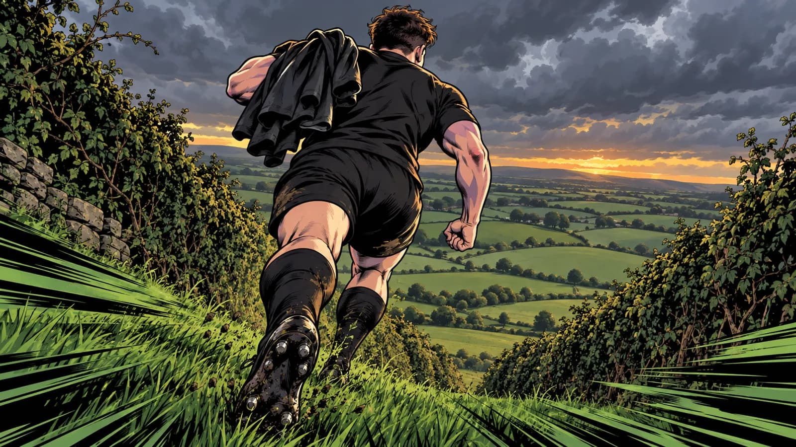 A muscular man in a black kit runs down a grassy hillside between hedgerows towards green fields under a stormy sunset sky.