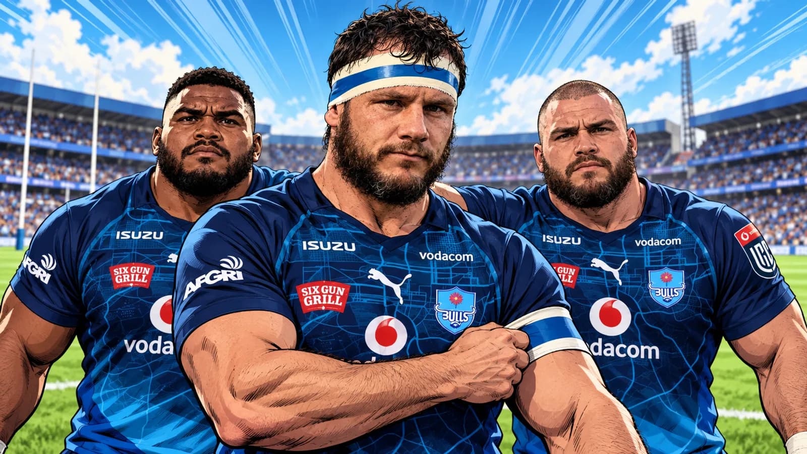 Bearded Bulls players in navy jerseys stand together at Loftus Versfeld, the central one in a headband pulling on an armband.