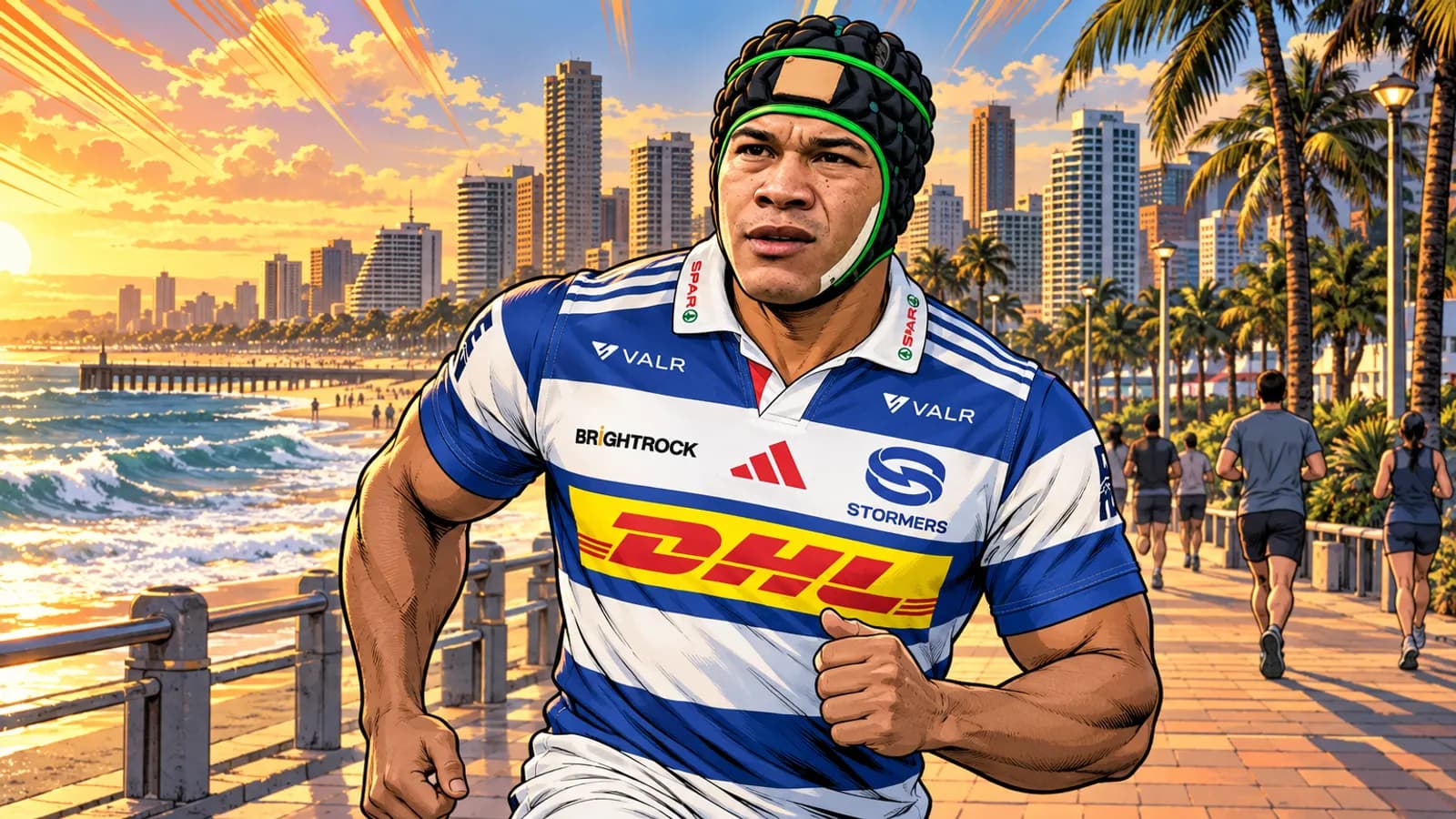 A comic-style rugby illustration of the Stormers home kit.