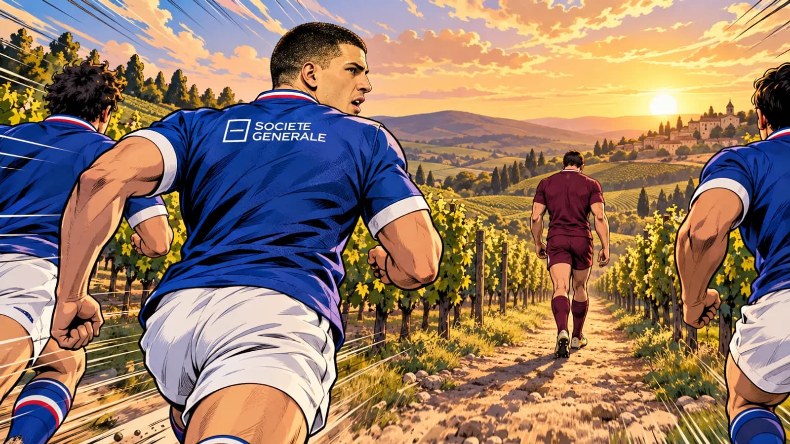 Players in blue jerseys run along a sunlit vineyard path while a player in maroon kit walks away towards distant hills and a village.