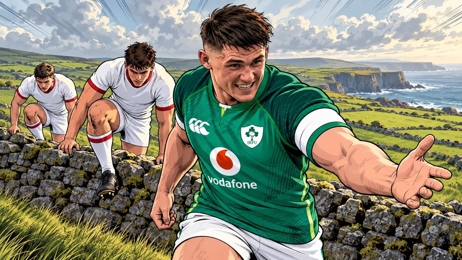 A comic-style rugby illustration of the Ireland home kit.