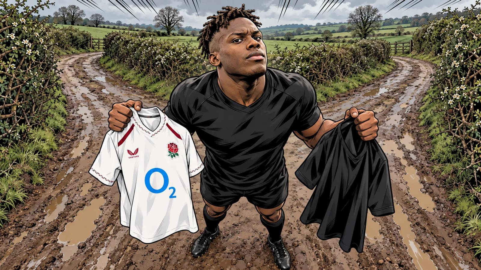 A comic-style rugby illustration of the Saracens home kit.