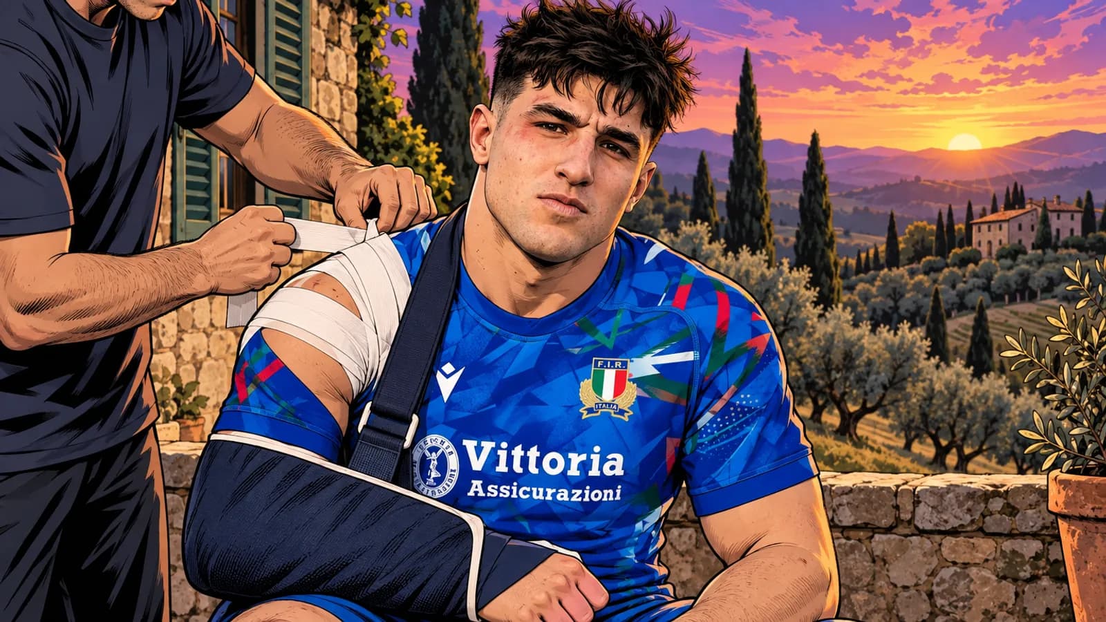 An injured player in the Italy jersey wears an arm sling while a helper tapes his shoulder on a terrace above olive groves.