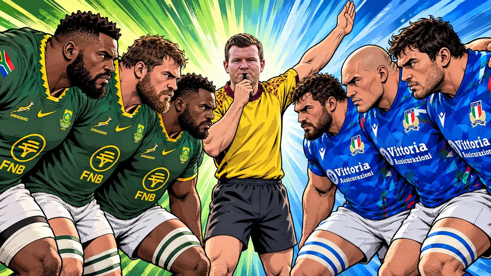 Springboks and Italy forwards crouch face to face.