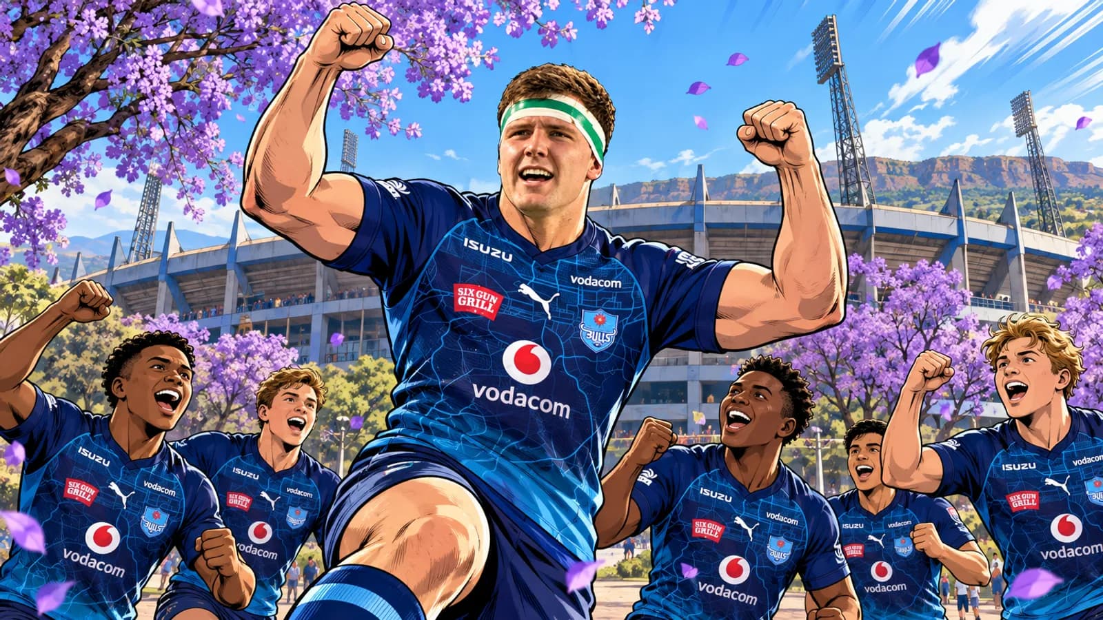 A player in a blue Bulls jersey punches the air with cheering teammates under jacaranda trees outside the Loftus Versfeld stadium.