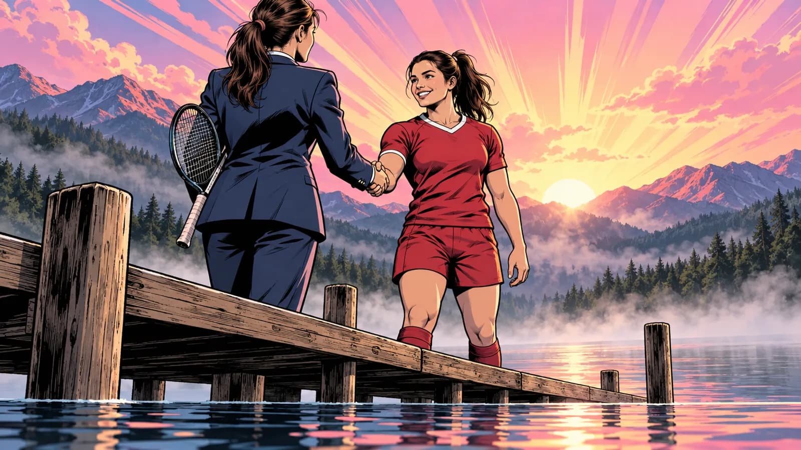 A suited woman holding a tennis racket shakes hands with a smiling player in red kit on a pier beside a misty mountain lake.