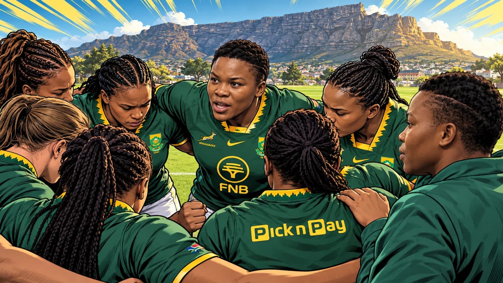 A comic-style rugby illustration of the Springbok Women home kit.