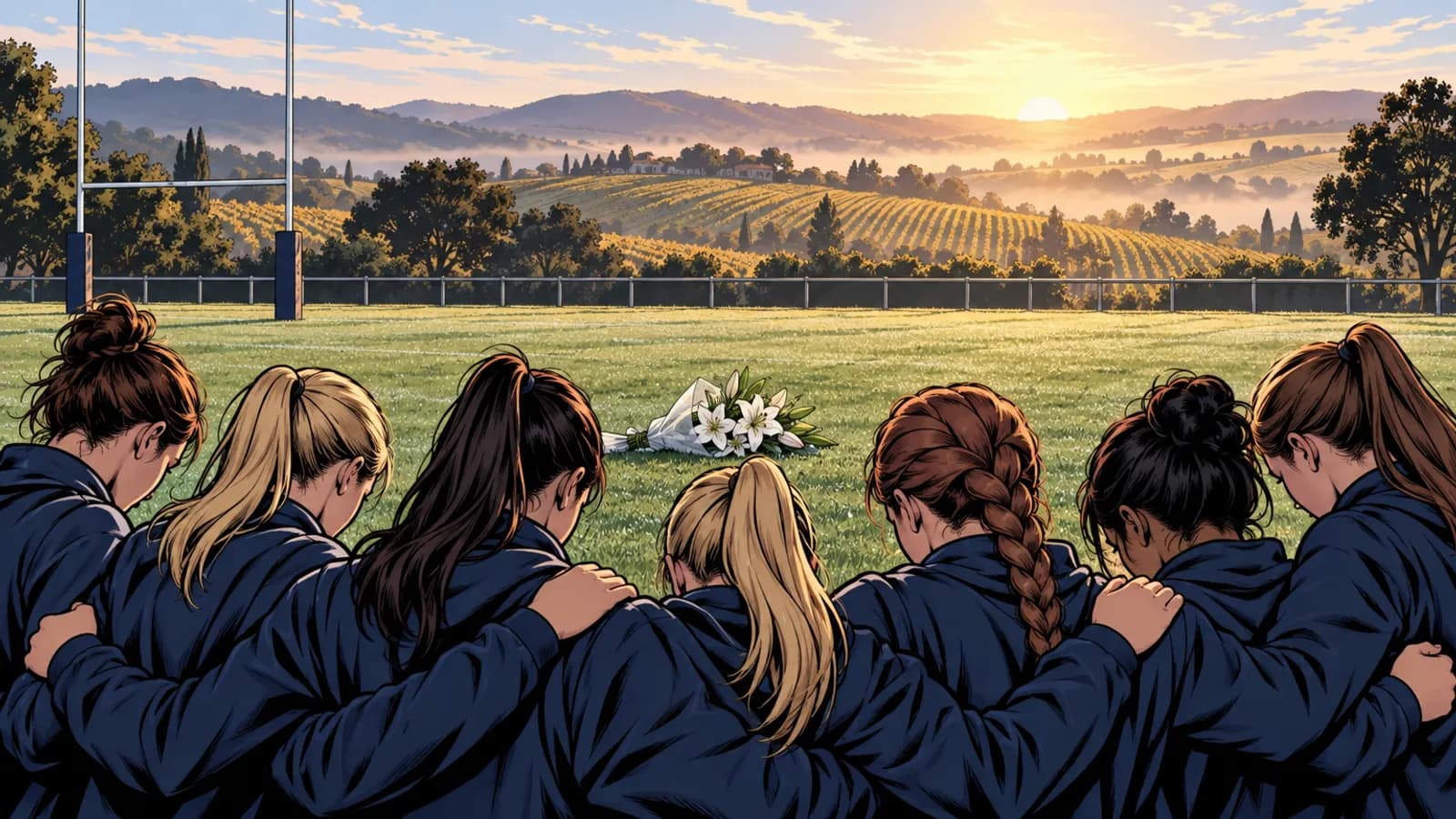 Young women in navy tops stand arm in arm with bowed heads before lilies on a rugby pitch overlooking vineyard hills at sunrise.