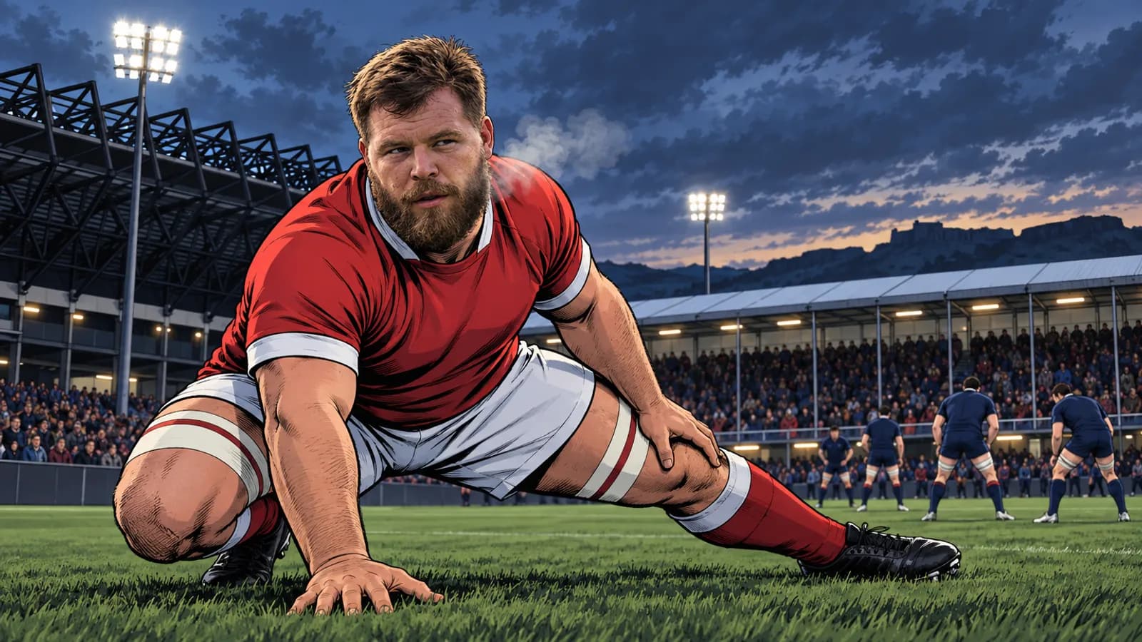 A bearded rugby player in a red jersey stretches on the grass at Hive Stadium under floodlights while players in navy wait behind.