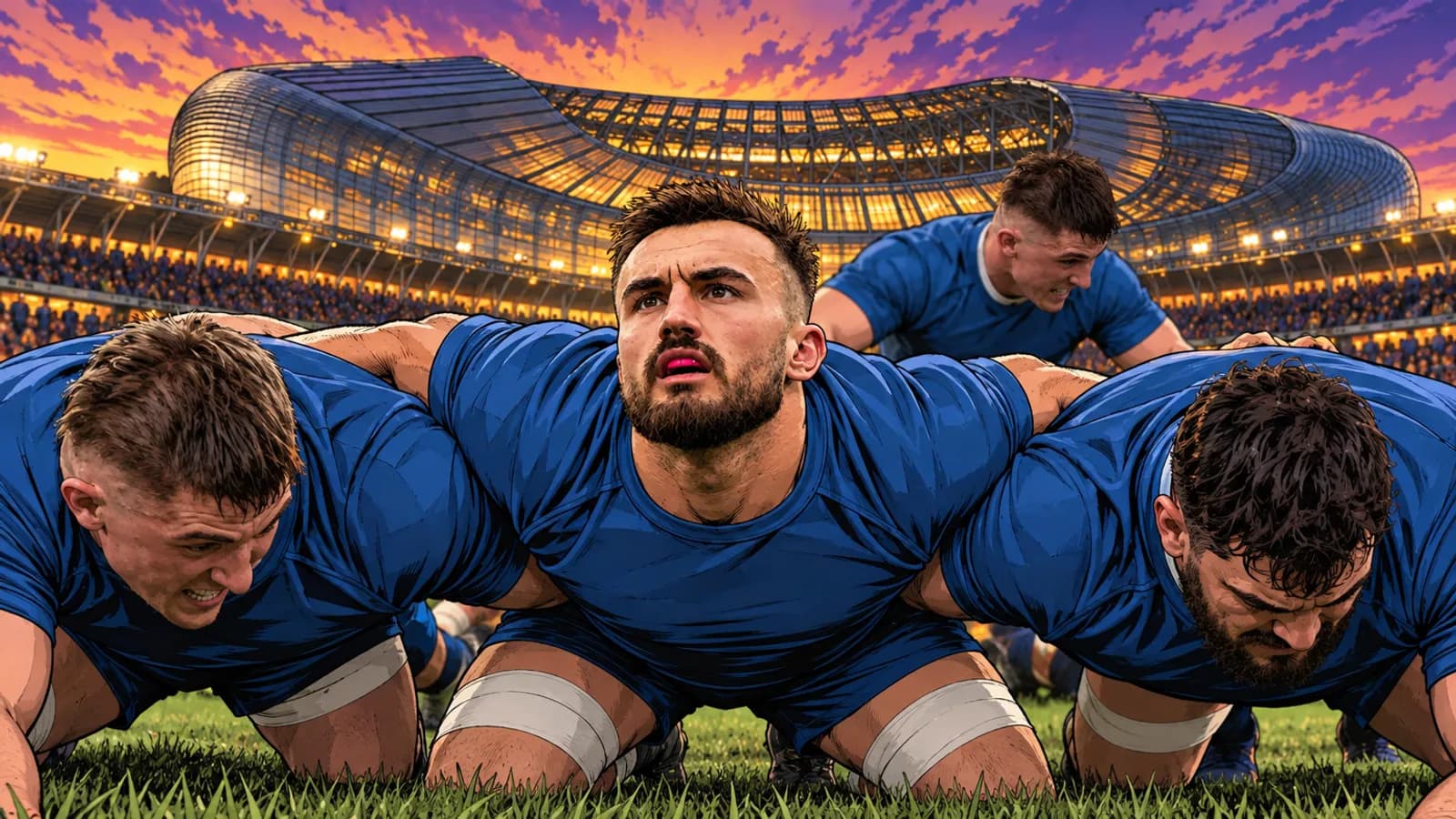 Three players in blue bind in a scrum crouch on the grass as a teammate leans in behind them inside Aviva Stadium at dusk.