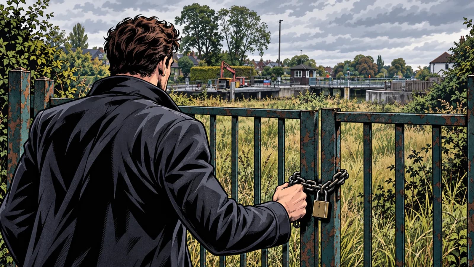 A man in a dark jacket grips a chained, padlocked gate overlooking an overgrown field beside the lock at Sunbury-on-Thames.