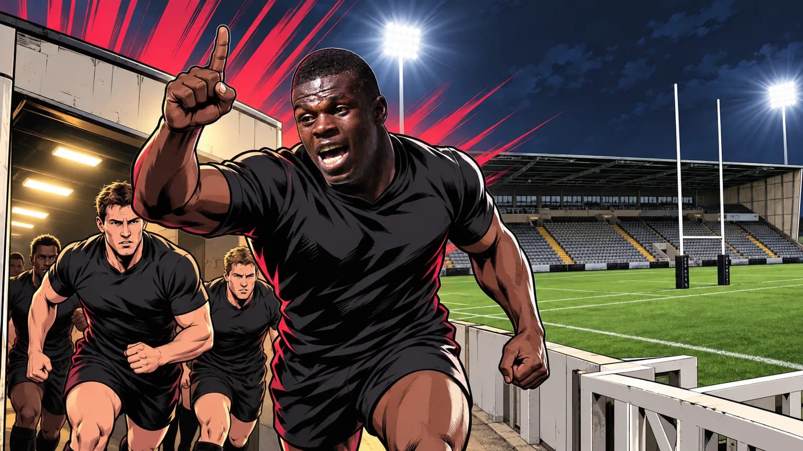 A sprinting player in a black jersey points skyward as teammates follow him out of the tunnel at a floodlit Kingston Park.