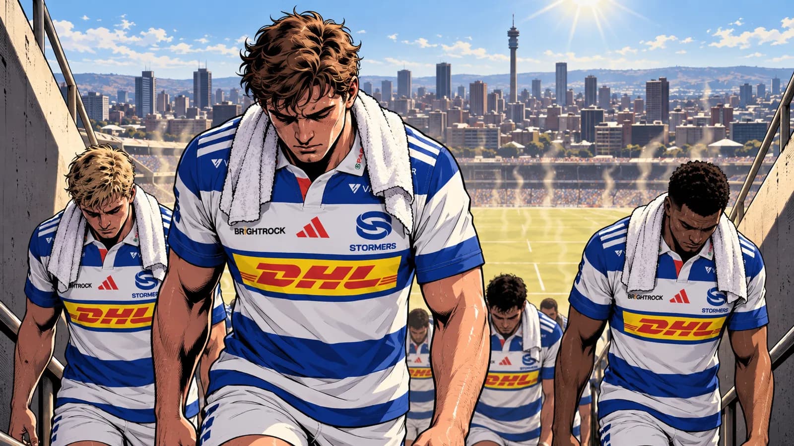 Dejected rugby players in Stormers jerseys with towels round their necks climb stadium steps beneath a sunny Johannesburg skyline.
