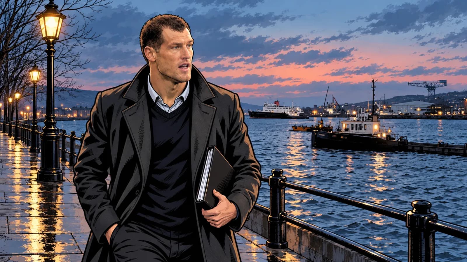 A man in a dark overcoat carries a folder along a lamplit riverside promenade on the River Clyde at dusk, with ships behind.