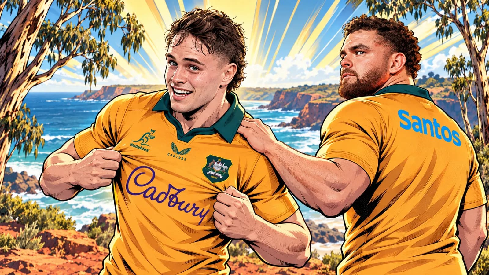 Two Wallabies players in gold jerseys, one grinning and tugging his shirt, stand on a coastal clifftop with gum trees.