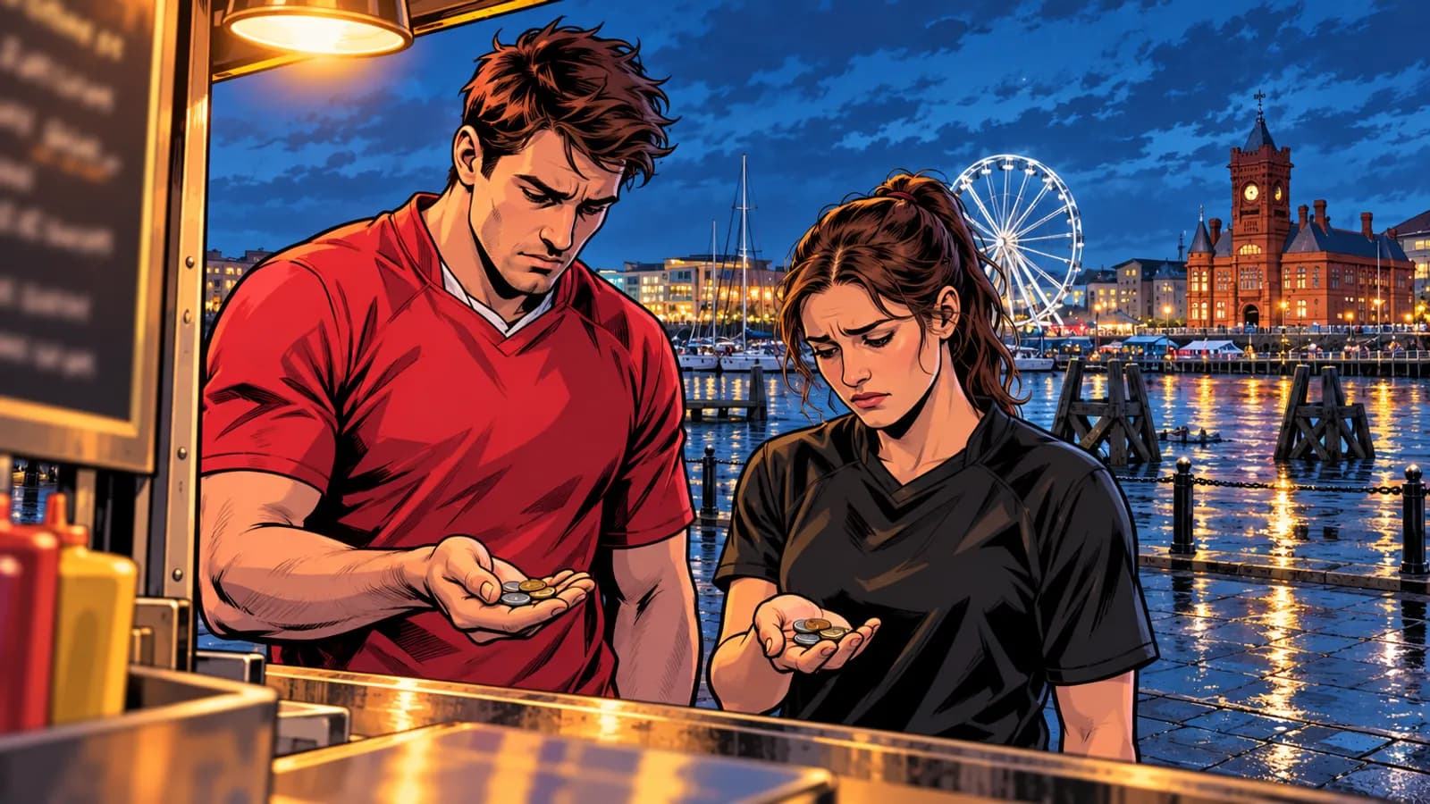A man in red and a woman in black study coins in their hands at a food stall beside Cardiff Bay at night.
