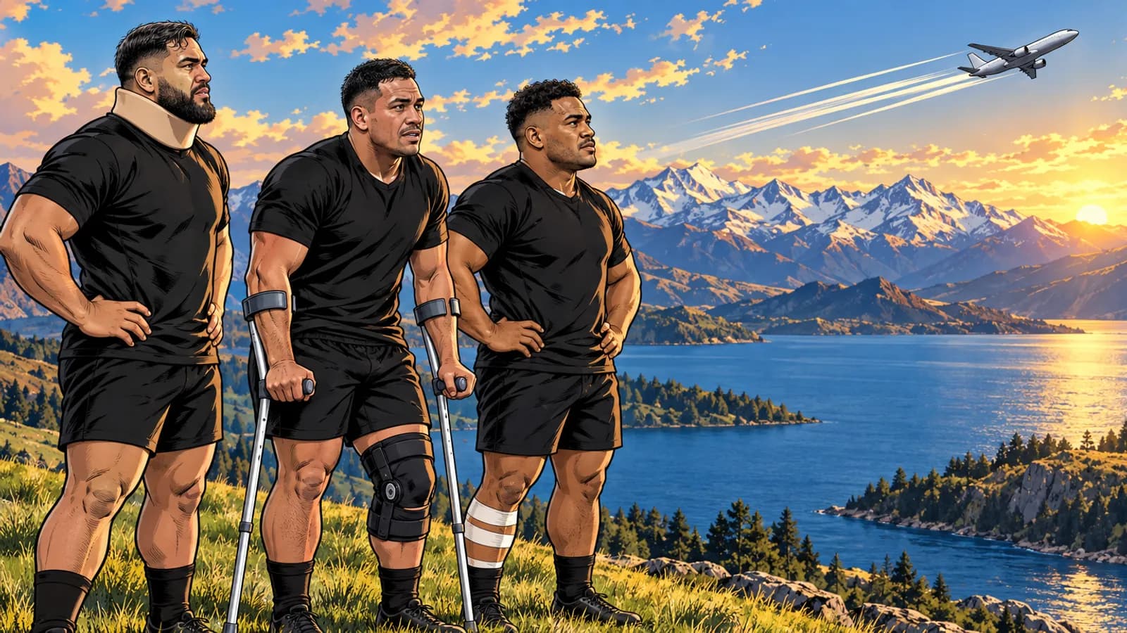Injured rugby players in black, one in a neck brace and one on crutches, stand on a grassy hill above a mountain lake.