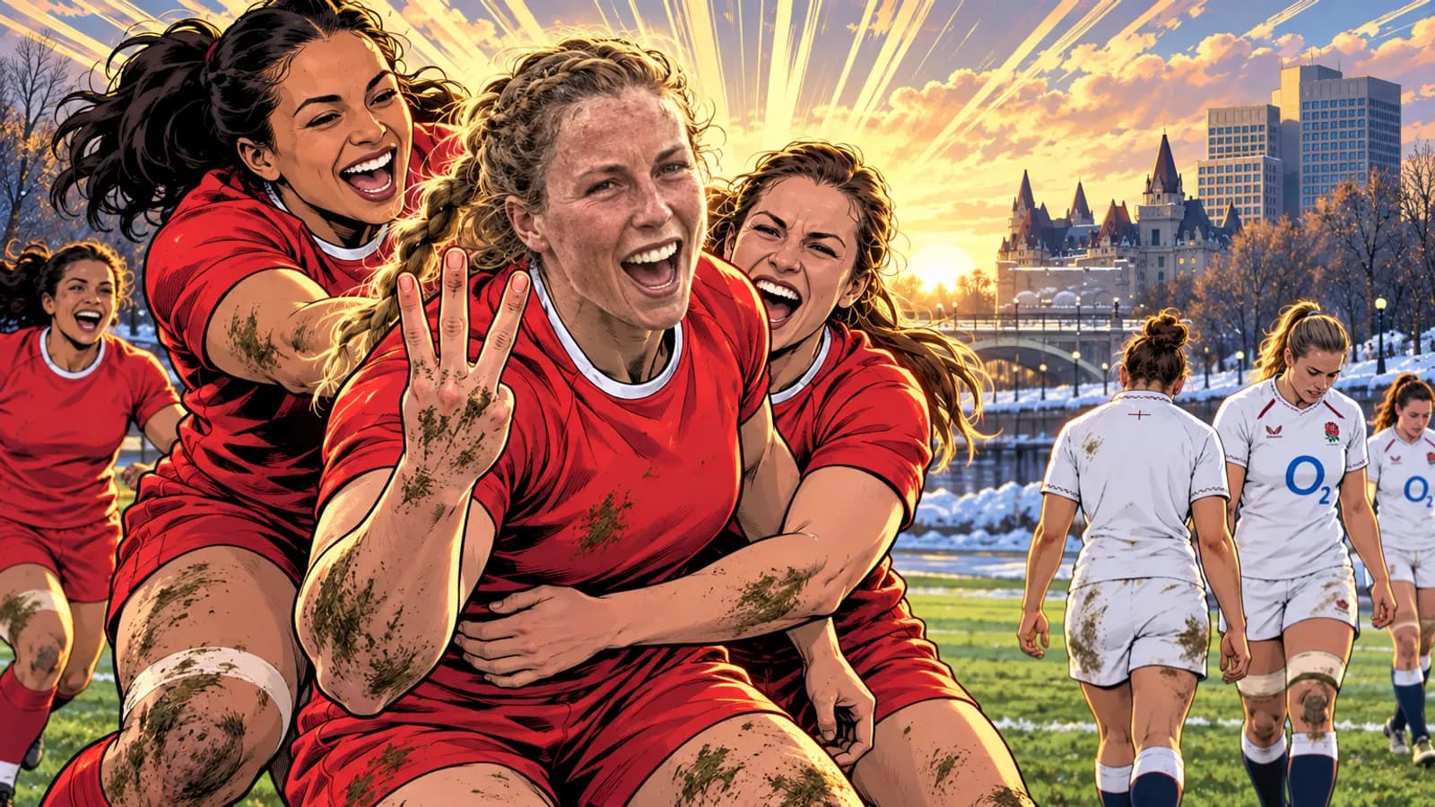 Muddy players in red celebrate together on grass by a snowy canal in Ottawa as players in white walk away dejected.