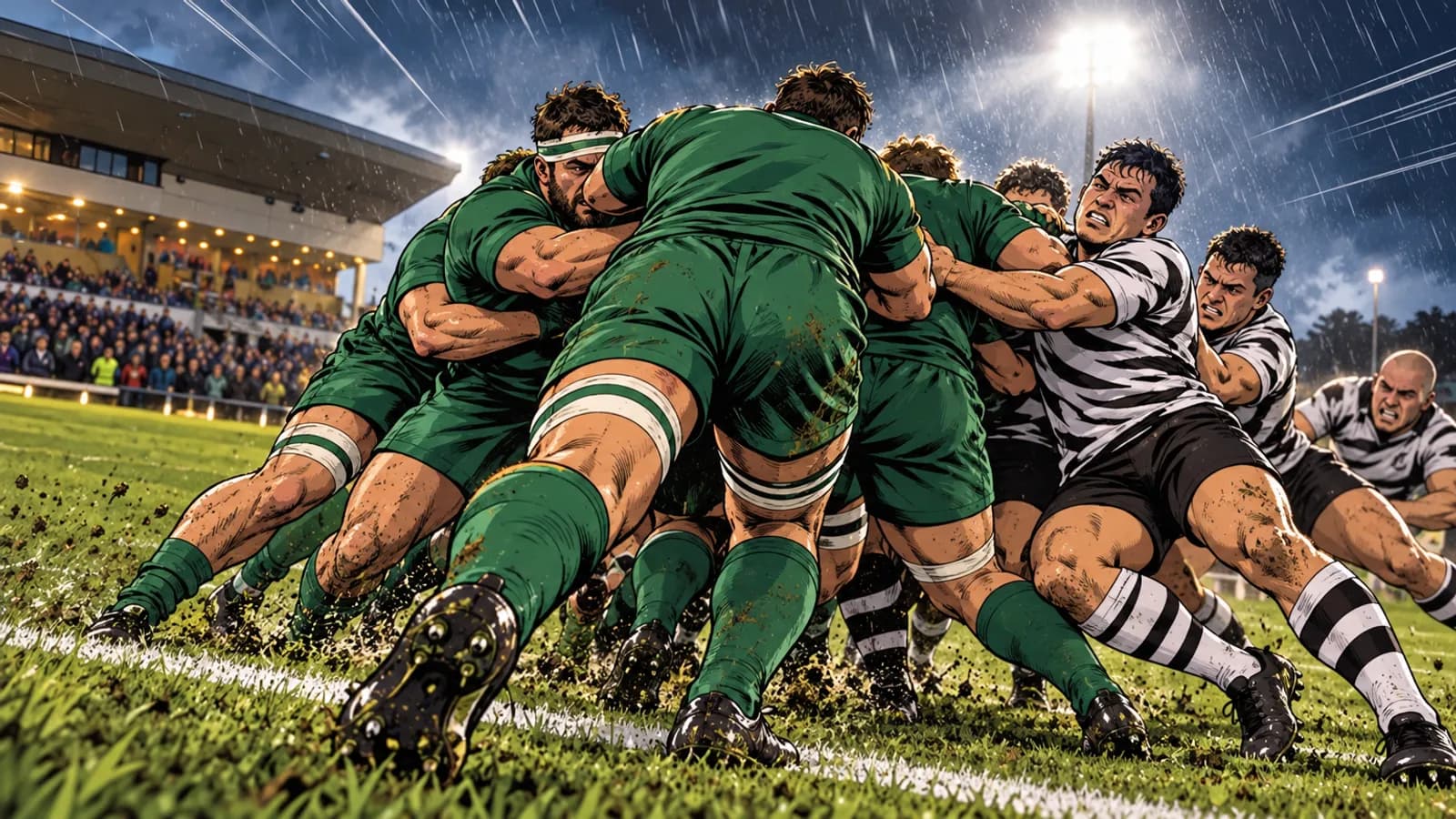 Players in green drive a maul against players in black and white hoops under floodlights and rain at Dexcom Stadium.
