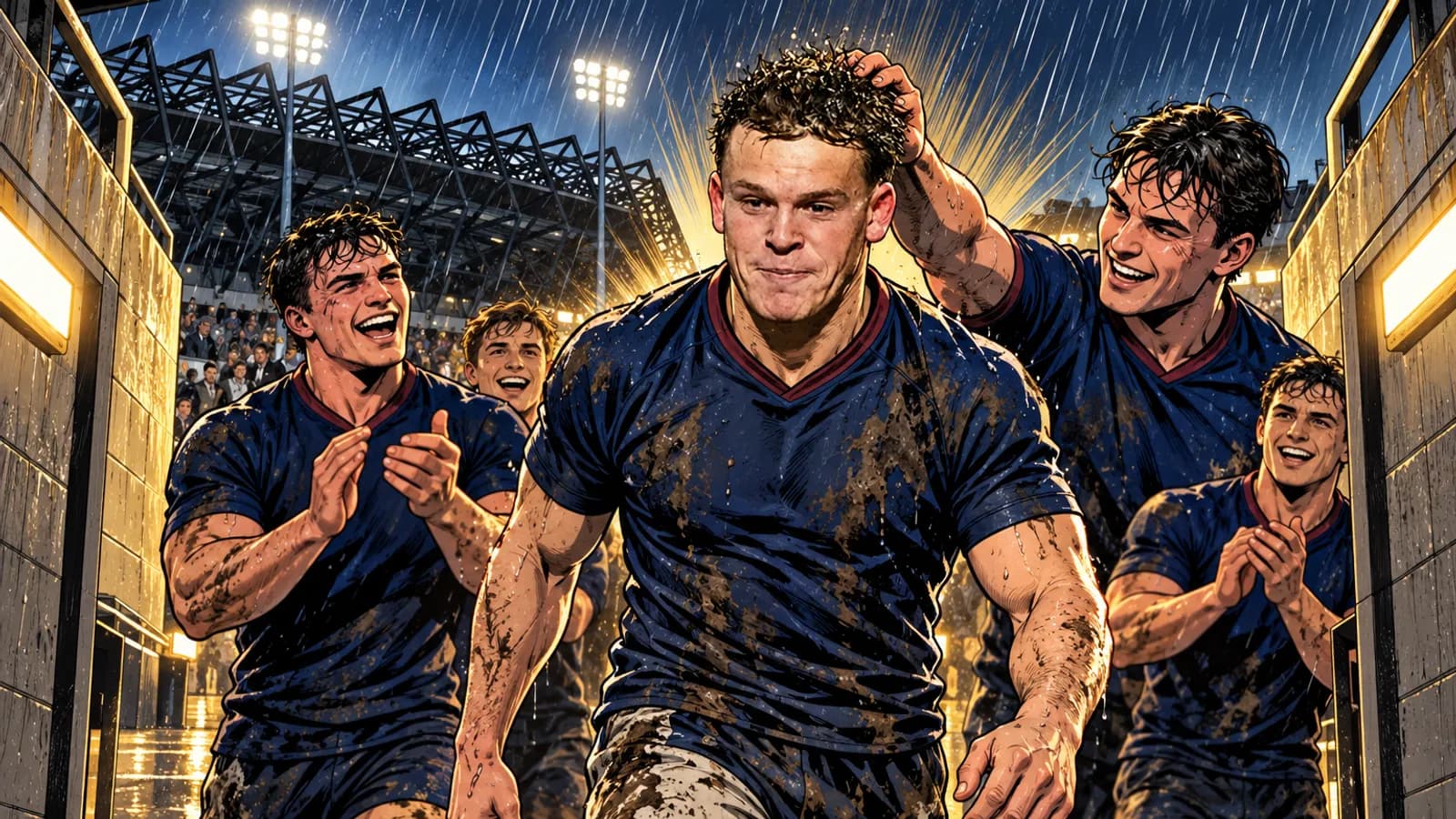 Muddy players in navy jerseys smile and clap as they walk out of a tunnel in heavy rain at a floodlit Hive Stadium.
