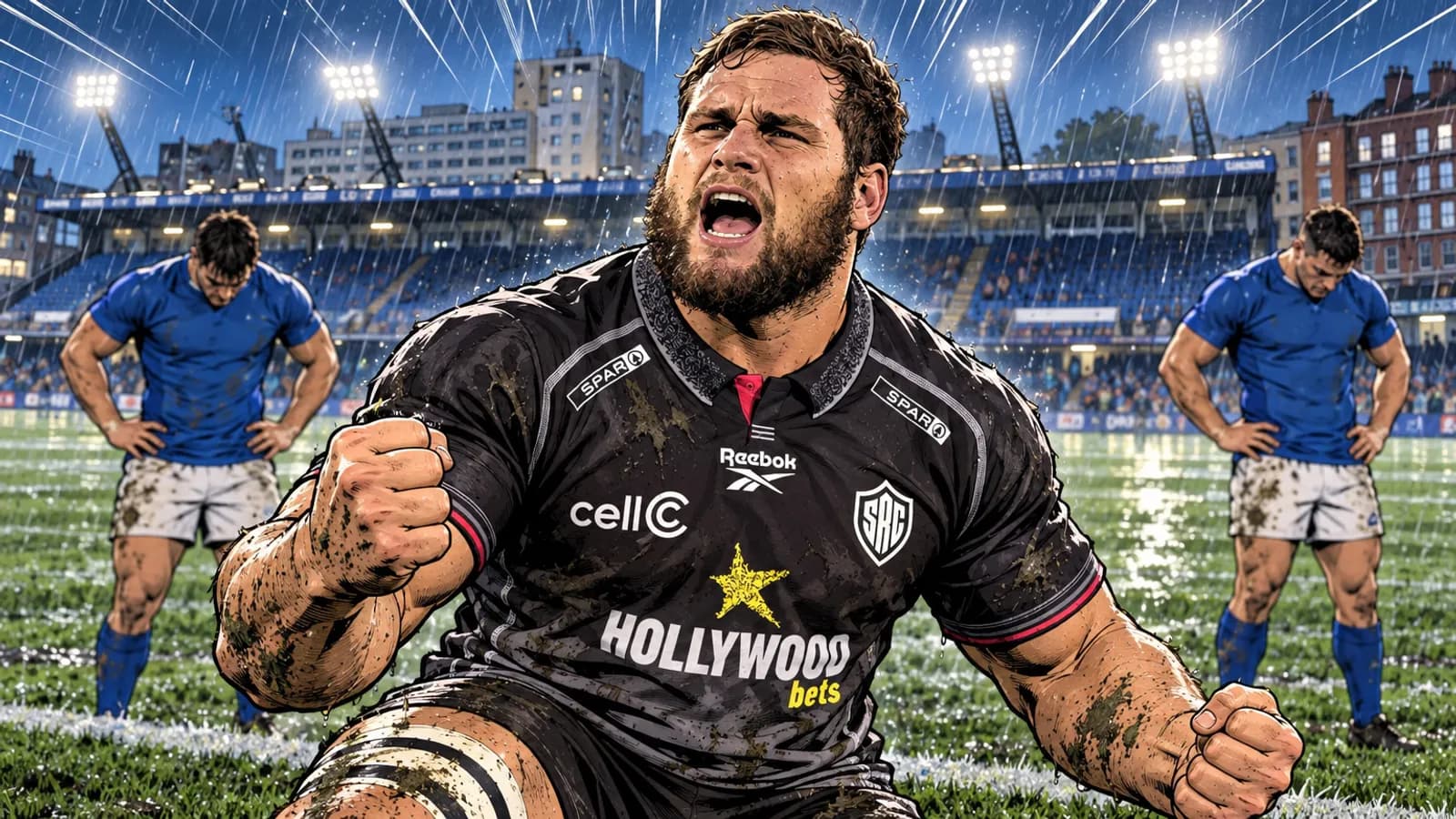 A bearded Sharks player kneels roaring with clenched fists in the rain at Cardiff Arms Park as players in blue hang their heads.