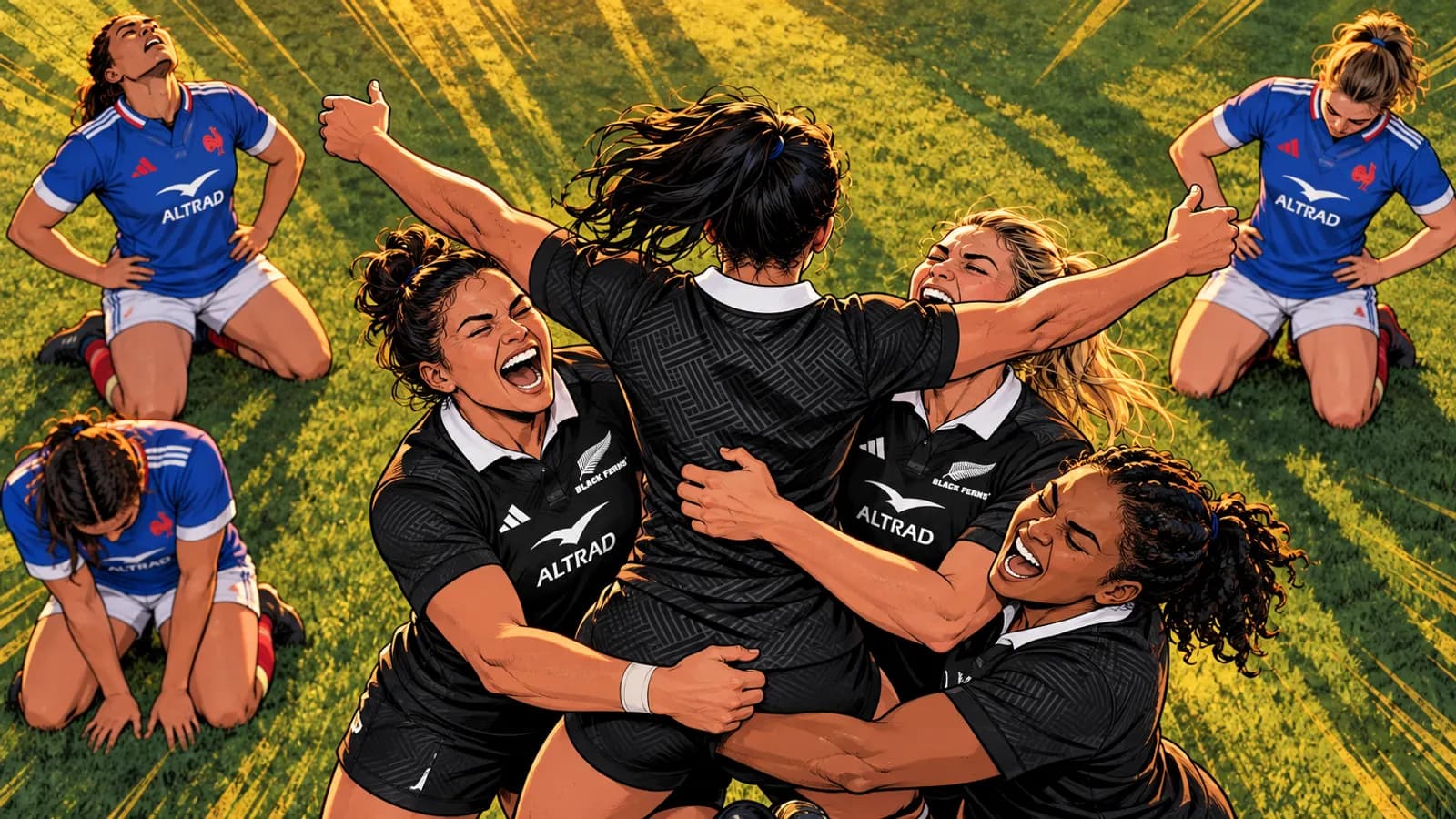 Black Ferns players in black embrace and roar in celebration on a grassy pitch while France players in blue kneel dejected nearby.