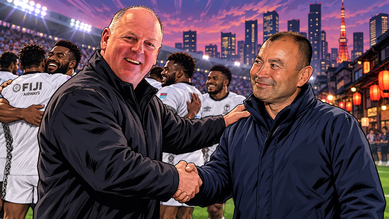 Two coaches shake hands in front of celebrating Fiji players in white kit, with a Tokyo skyline and lantern-lit street behind.