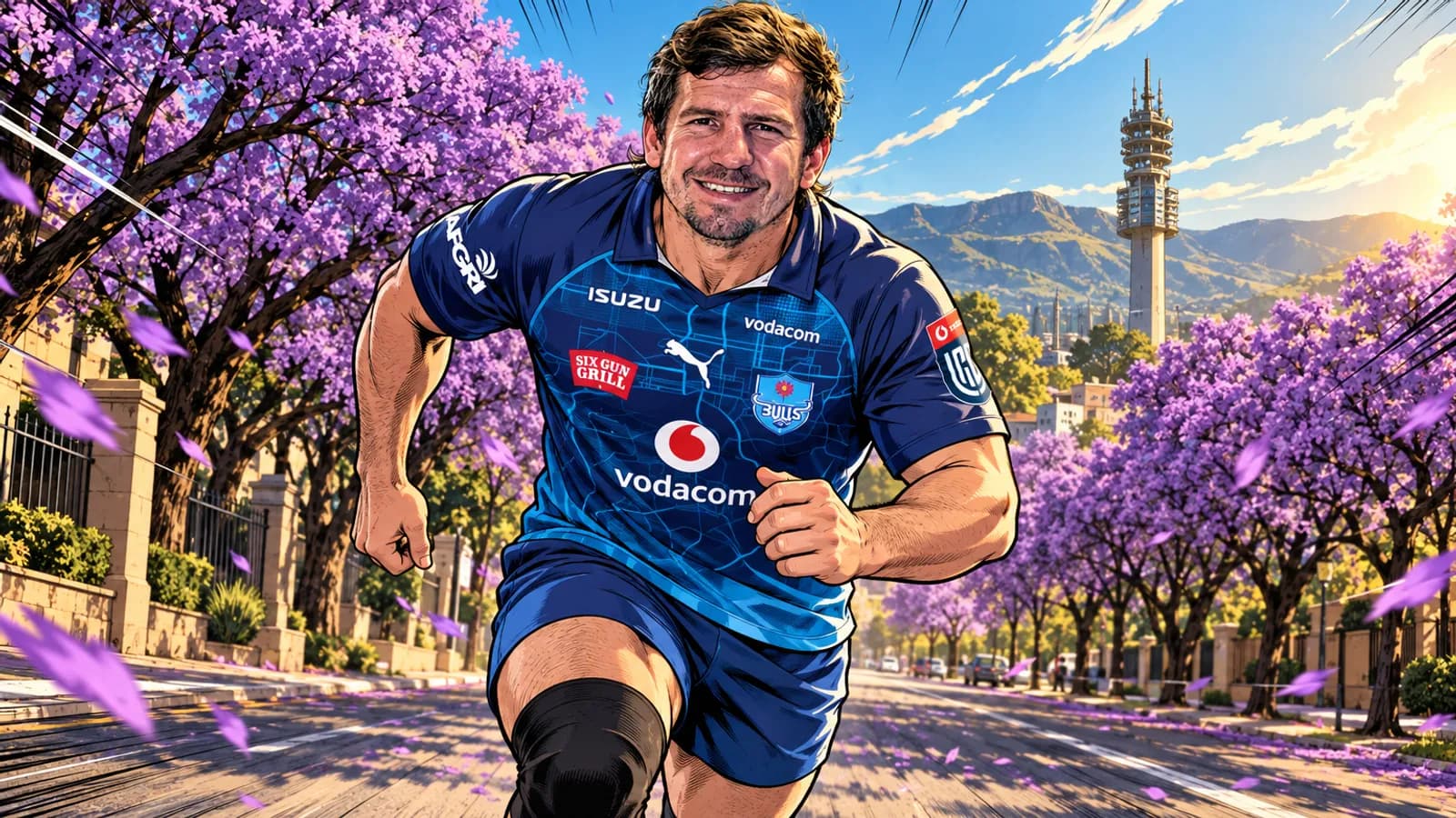 A smiling rugby player in the blue Bulls jersey jogs down a jacaranda-lined Pretoria street, with a tall tower and hills beyond.