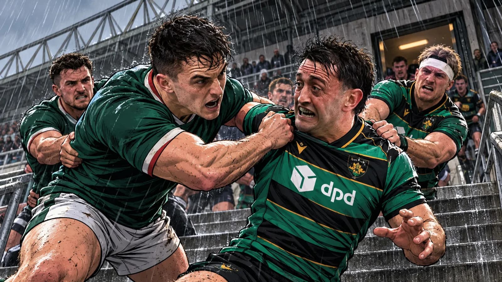 In heavy rain on the stand of Mattioli Woods Welford Road steps, a player in dark green grabs a Northampton Saints player.