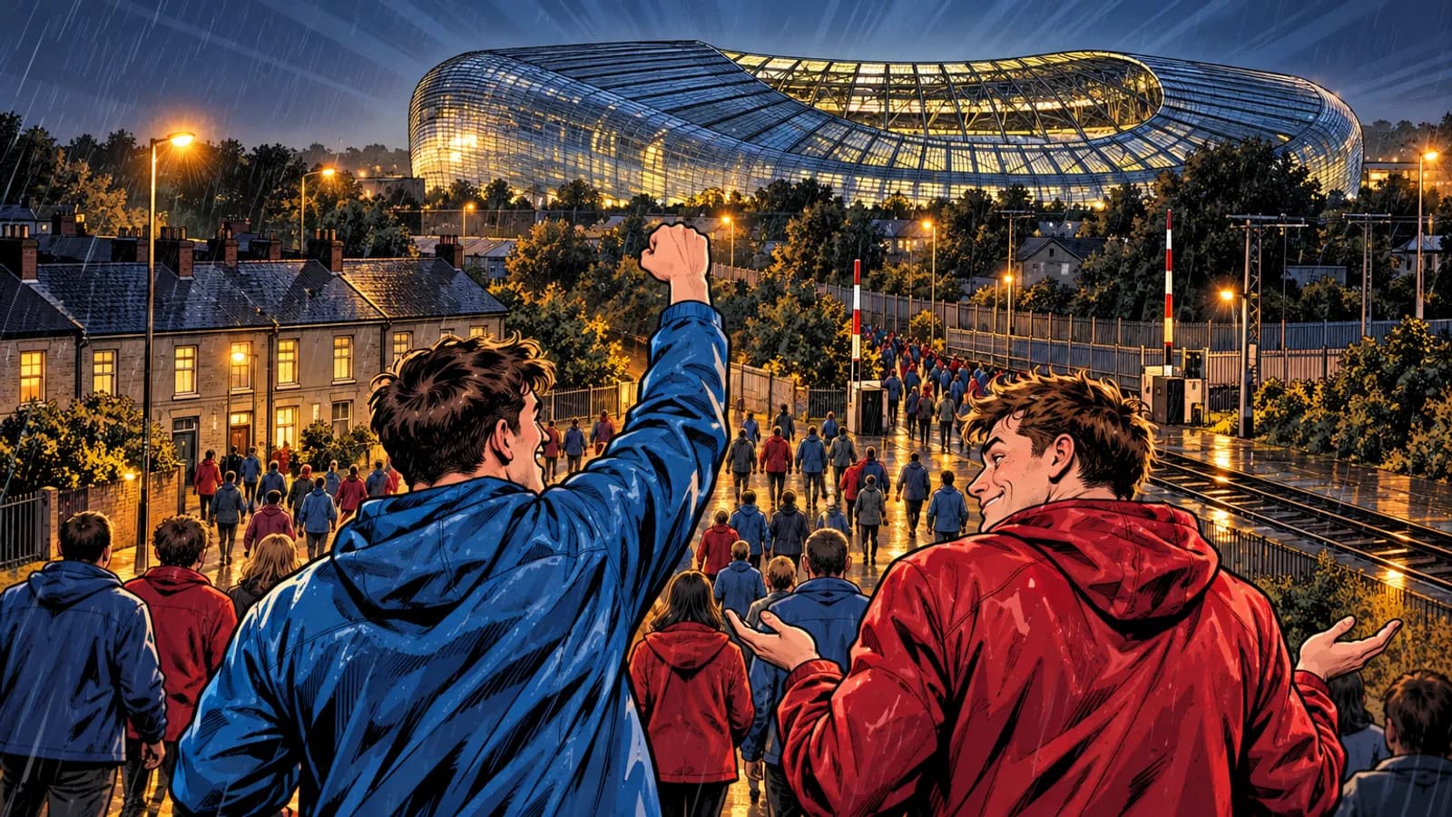 Fans in blue and red rain jackets walk along a wet lamplit path beside railway tracks towards the glowing Aviva Stadium at night.