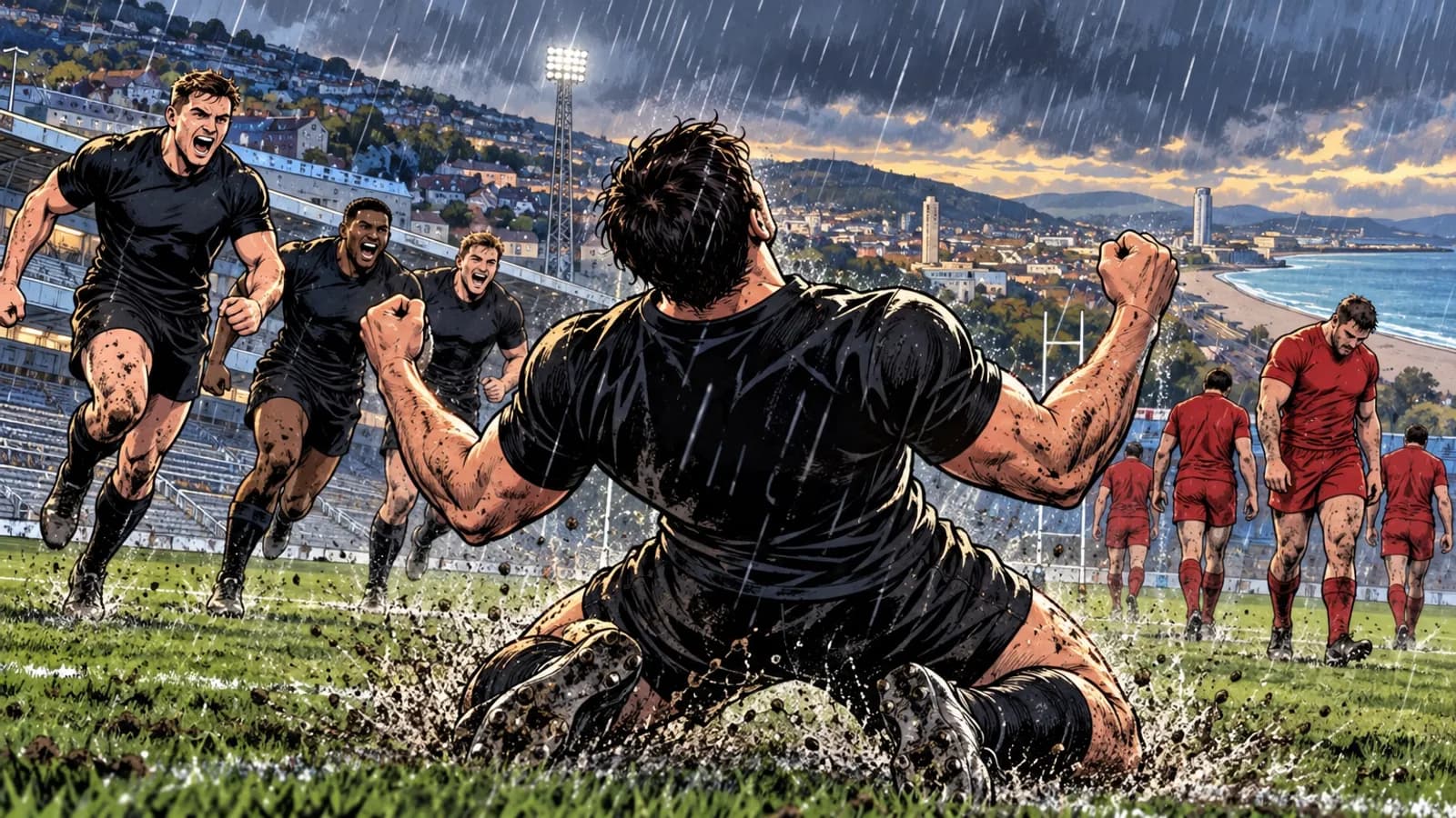 Black-shirted players celebrate in heavy rain at St Helen's as red-shirted opponents walk away, with Swansea Bay behind.