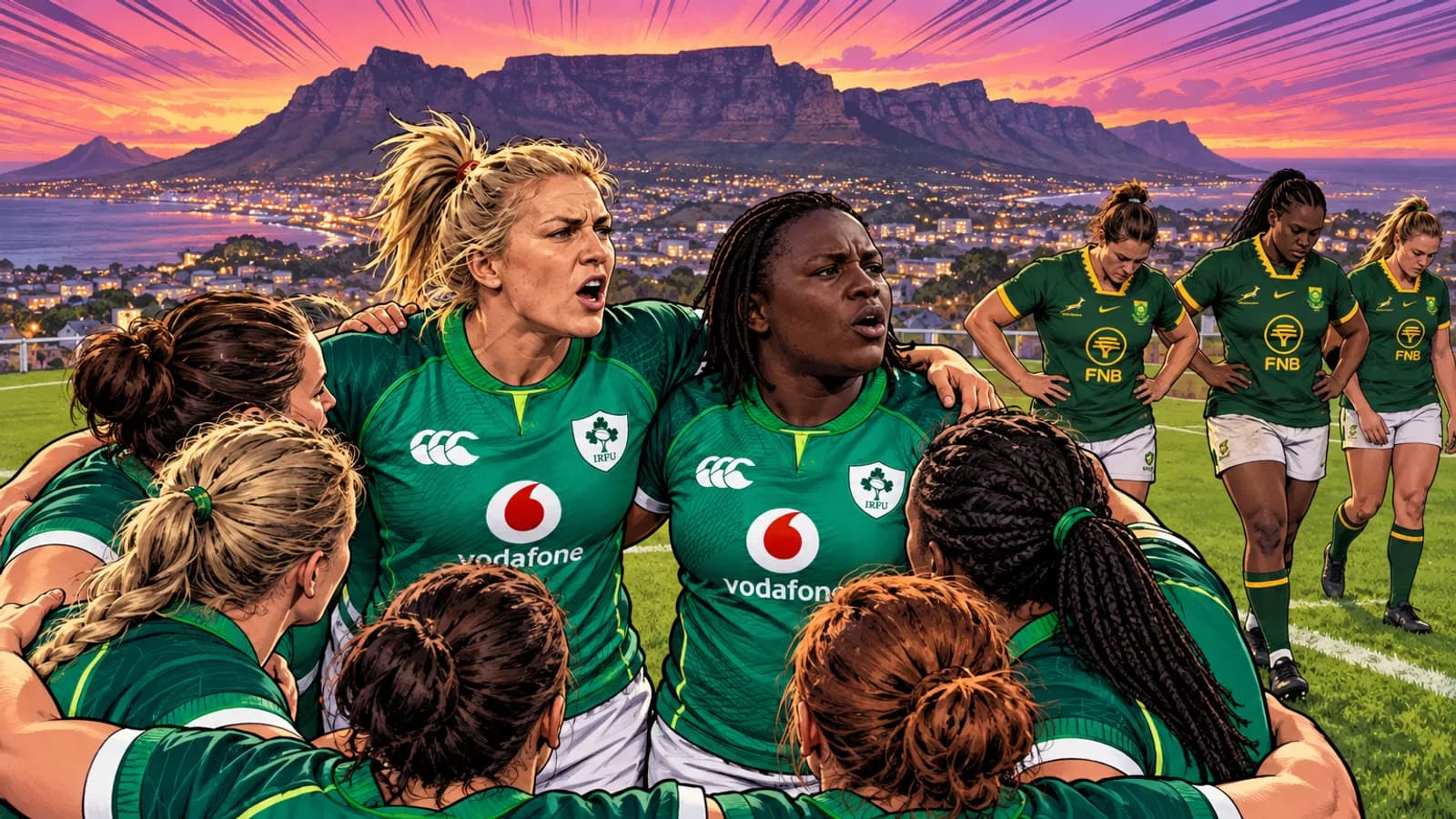 Ireland players huddle on a grass pitch while dejected Springbok Women walk behind, with a flat-topped mountain and Cape Town lights.