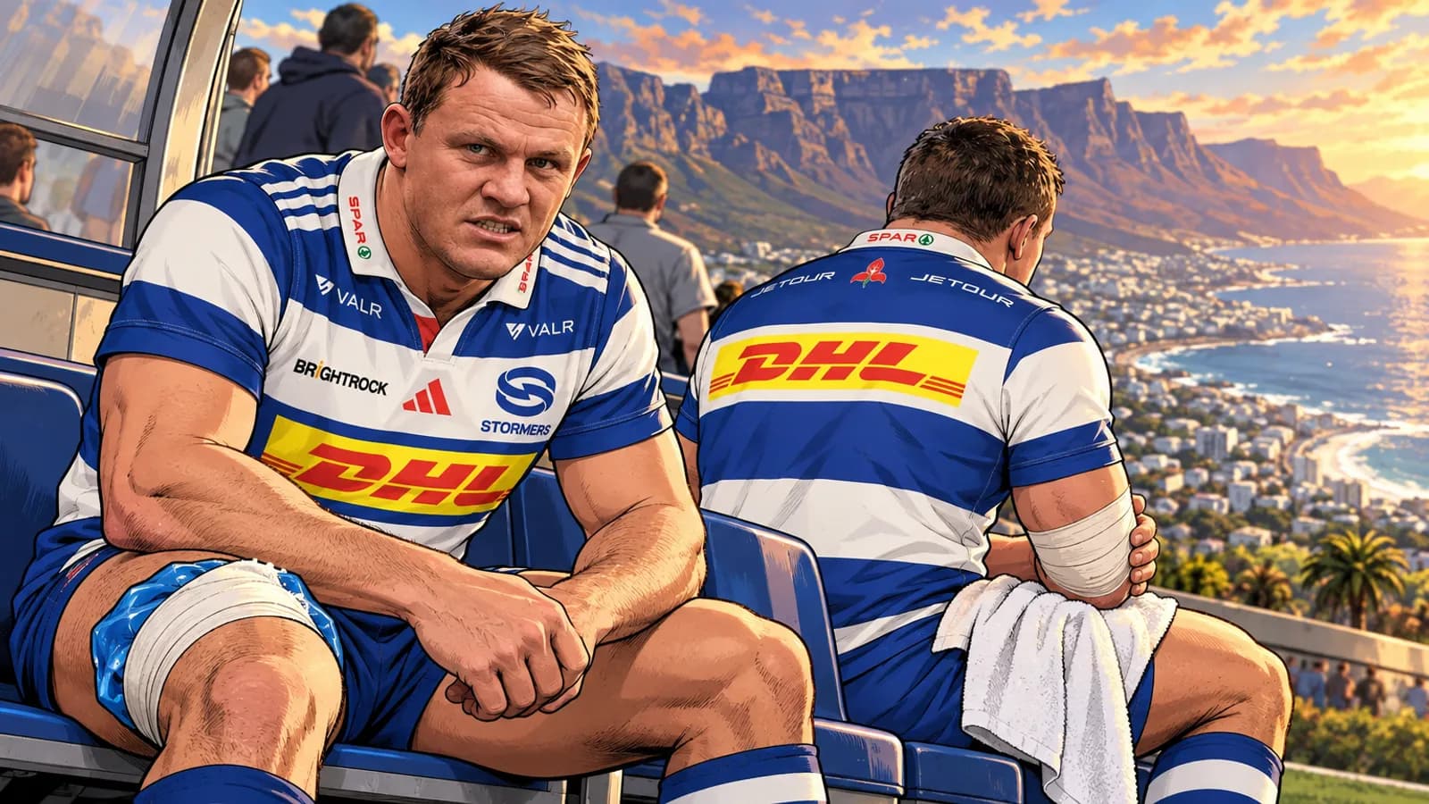 Two injured Stormers players sit on stadium seats, one with a strapped thigh, above Cape Town's mountains and coast.