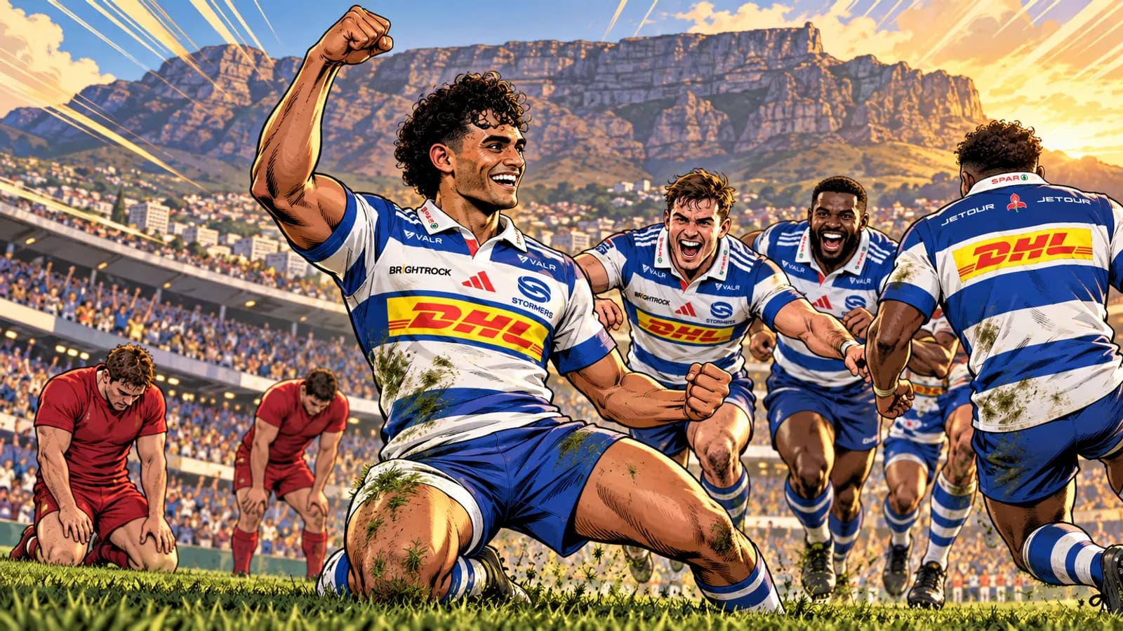 A Stormers player kneels with fist raised as teammates rush in and red-shirted rivals slump, beneath a flat-topped mountain.