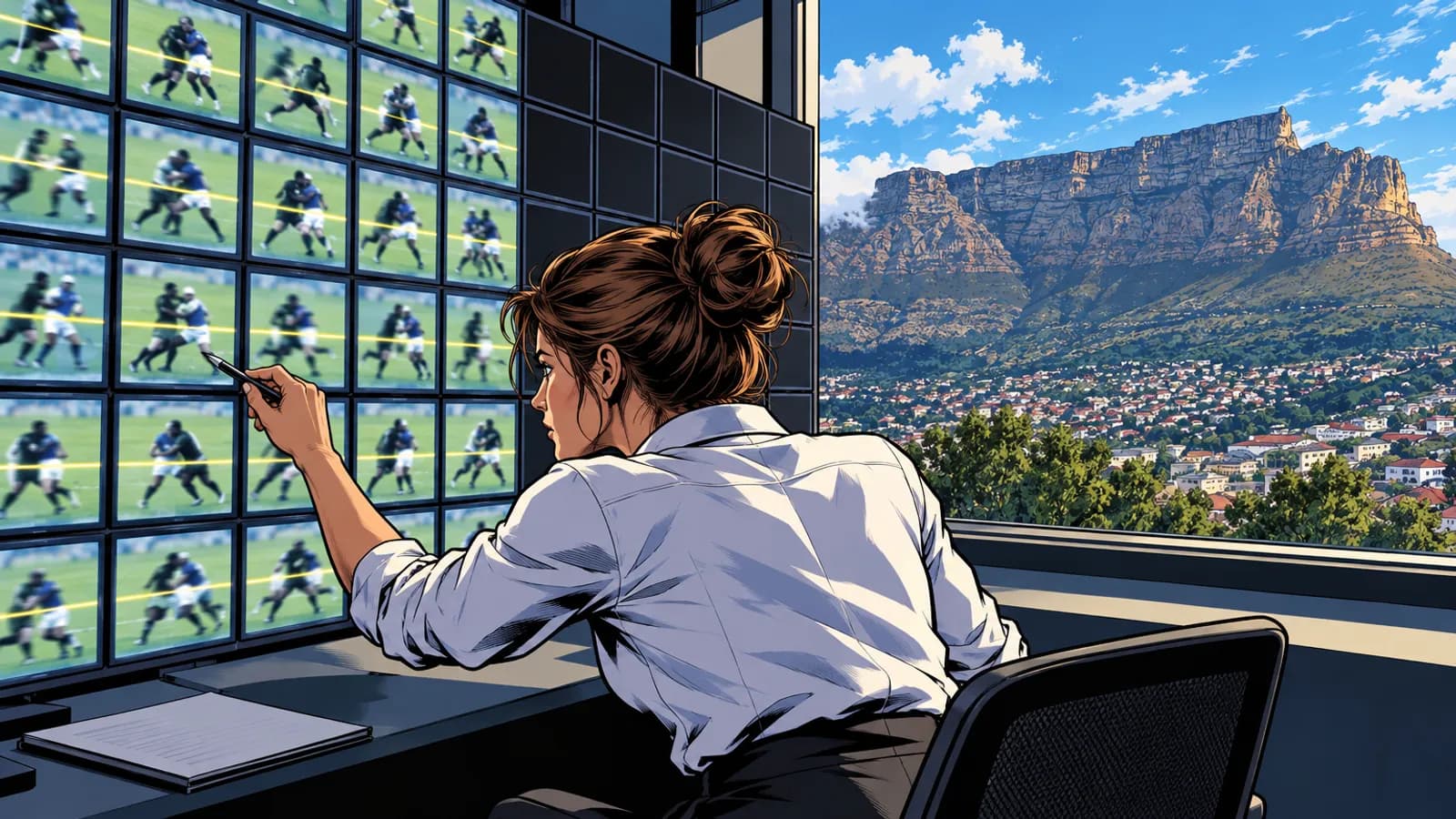 A woman with a pen studies a wall of screens showing rugby tackles, beside a window overlooking a flat-topped mountain and suburbs.